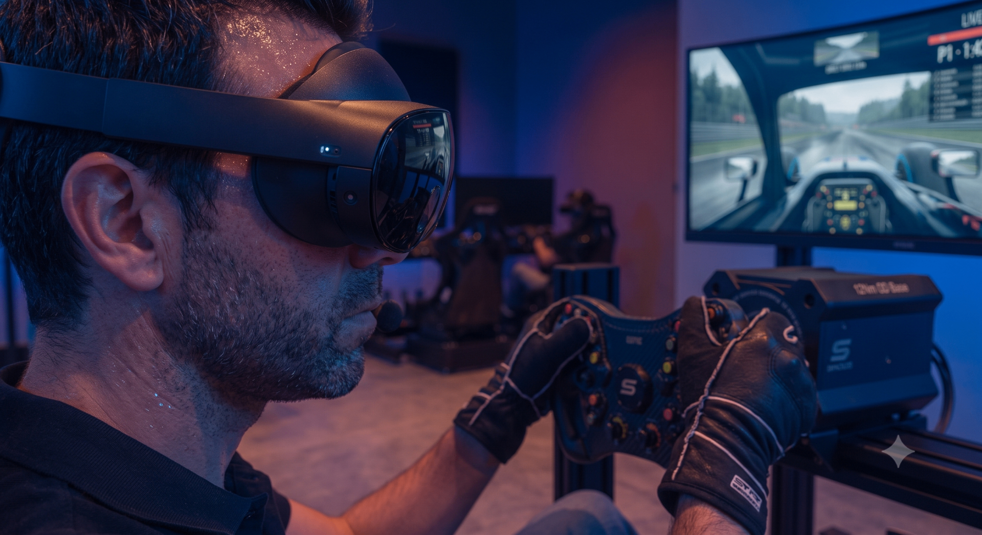 Sala principal con cabinas de simulación y piloto con visor VR