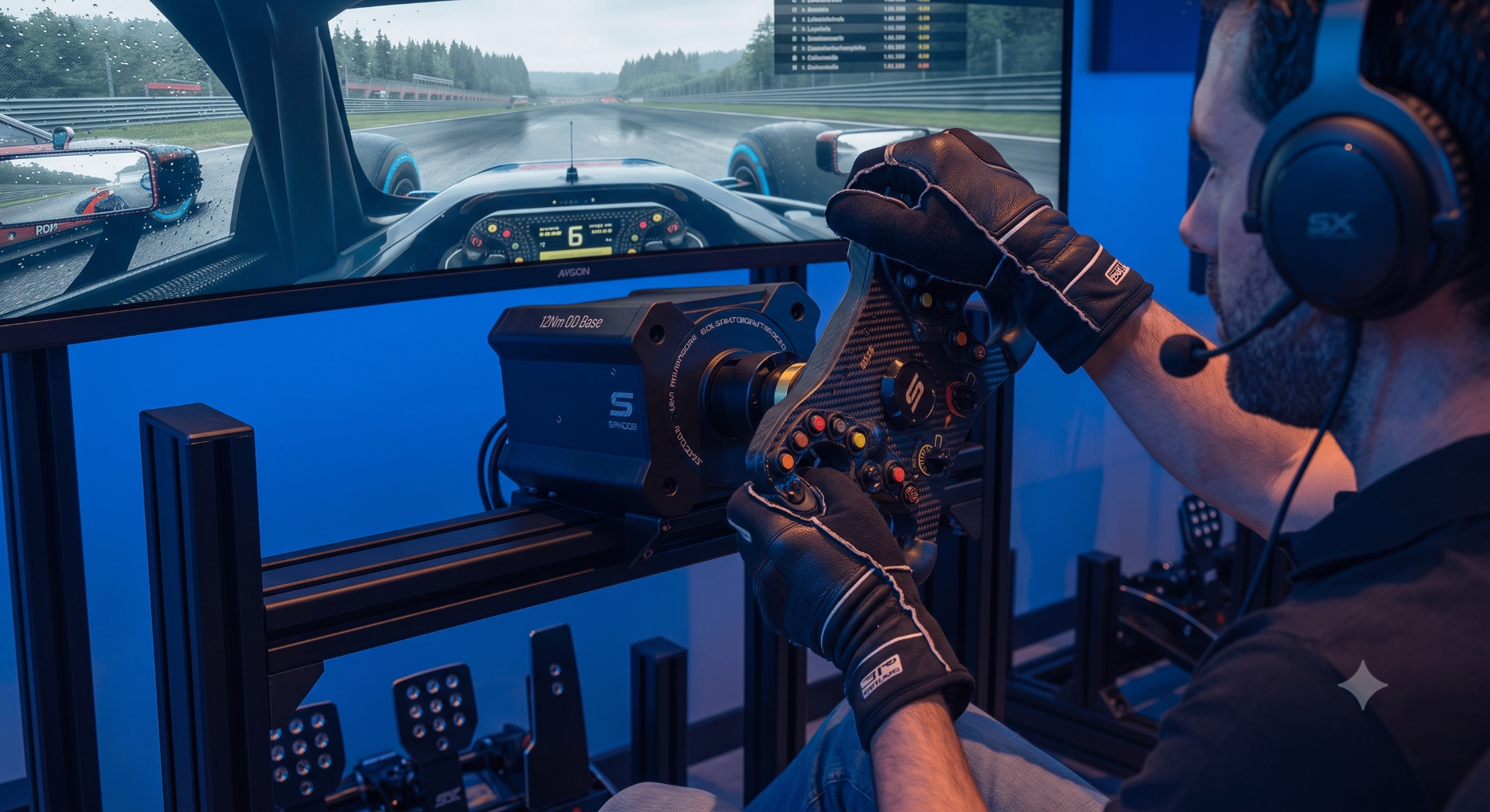 Cabina de simulación APEX Motorsport con rig Direct Drive y triple pantalla